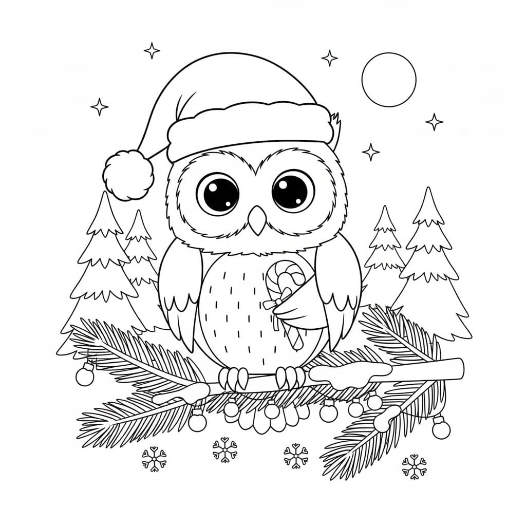 Desenho de Imprimivel Grátis Coruja de Natal para Crianças para Colorir