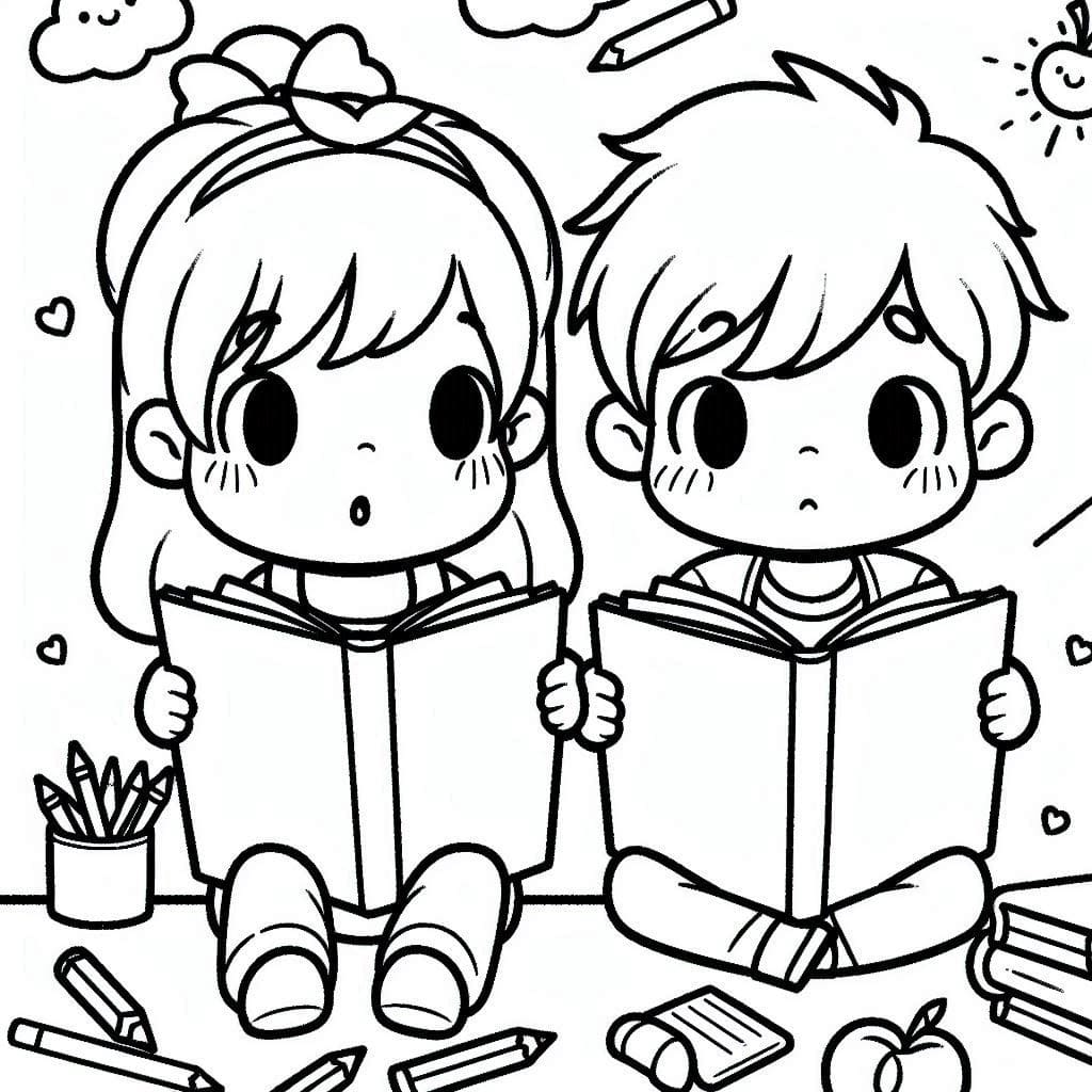 Desenho de Crianças Lendo Grátis para Colorir