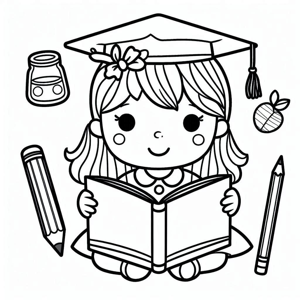 Desenho de uma Linda Menina Está Lendo para Colorir