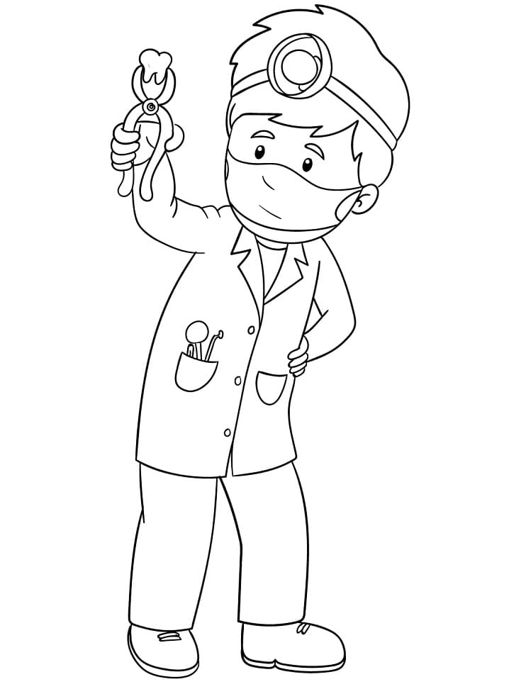 Desenho Dentista Segurando Dente para Colorir e Pintar