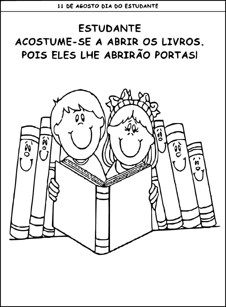 Desenho de Dia do Estudante com Livros para Colorir e Pintar