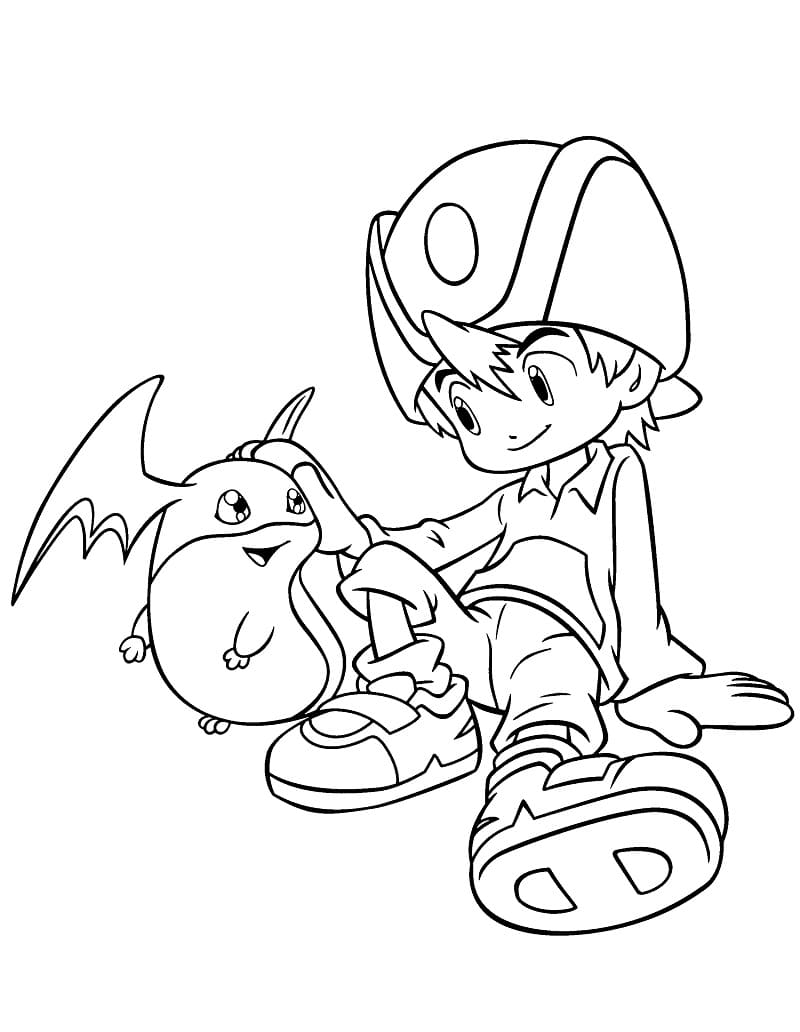 Desenho de Patamon e Takeru Takaishi para Colorir e Pintar