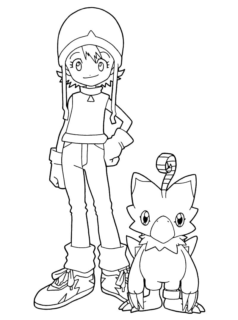 Desenho de Sora Takenouchi e Piyomon para Colorir e Pintar