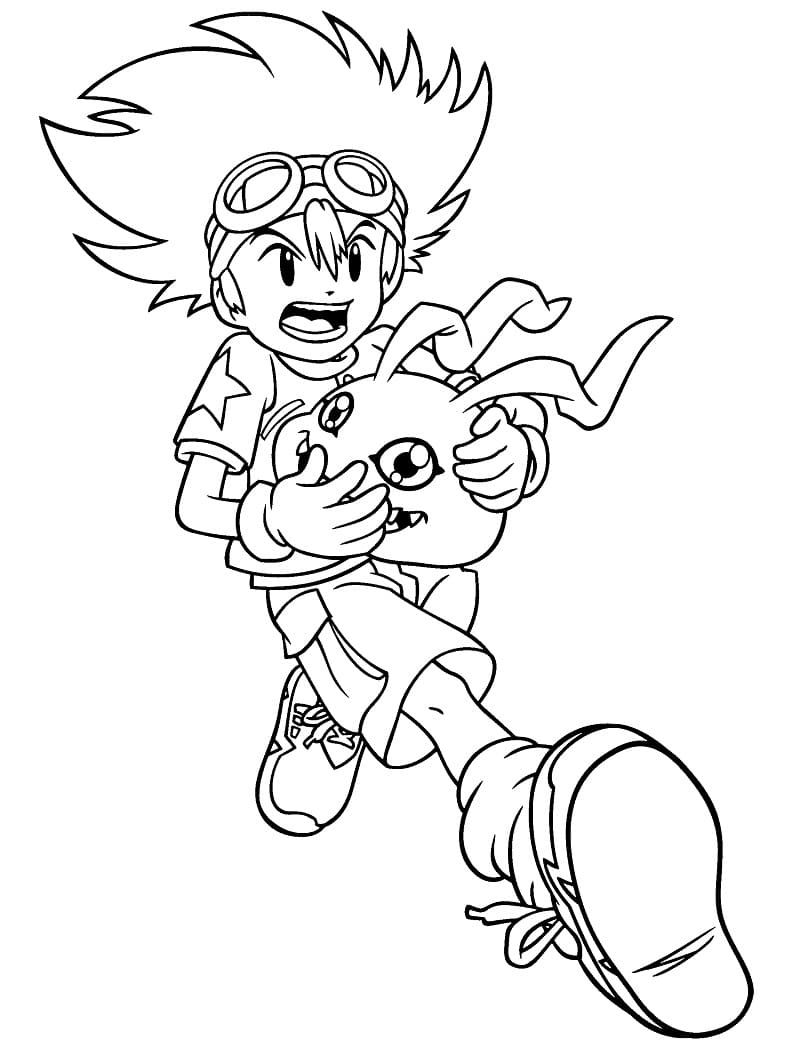 Desenho de Taichi Yagami com Koromon para Colorir e Pintar