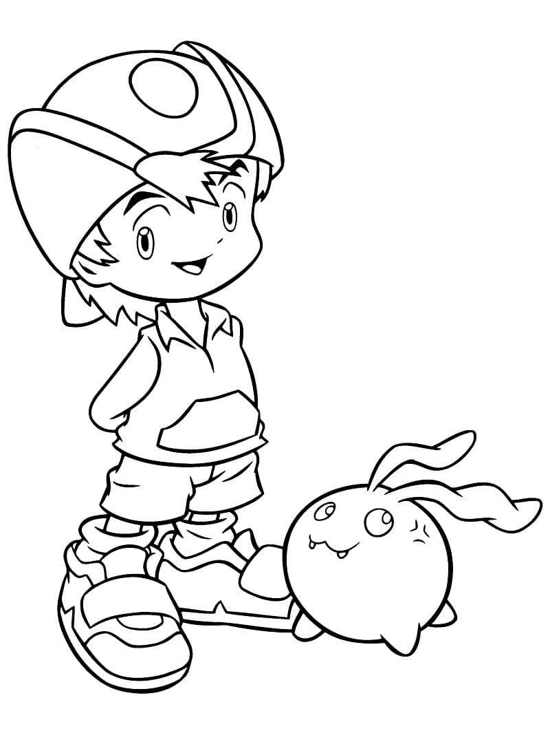 Desenho de Takeru Takaishi e Tokomon para Colorir e Pintar