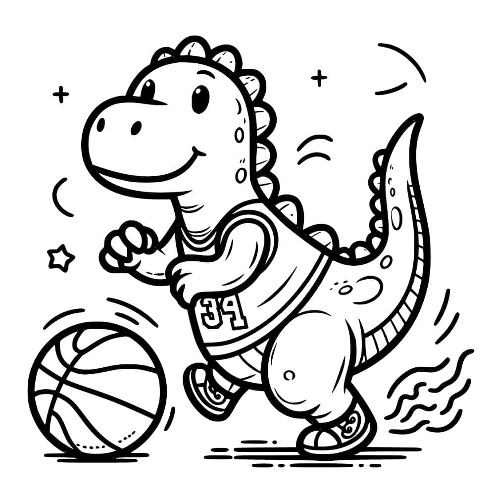 Desenho de Dinossauro Jogá Basquete para Colorir e Pintar
