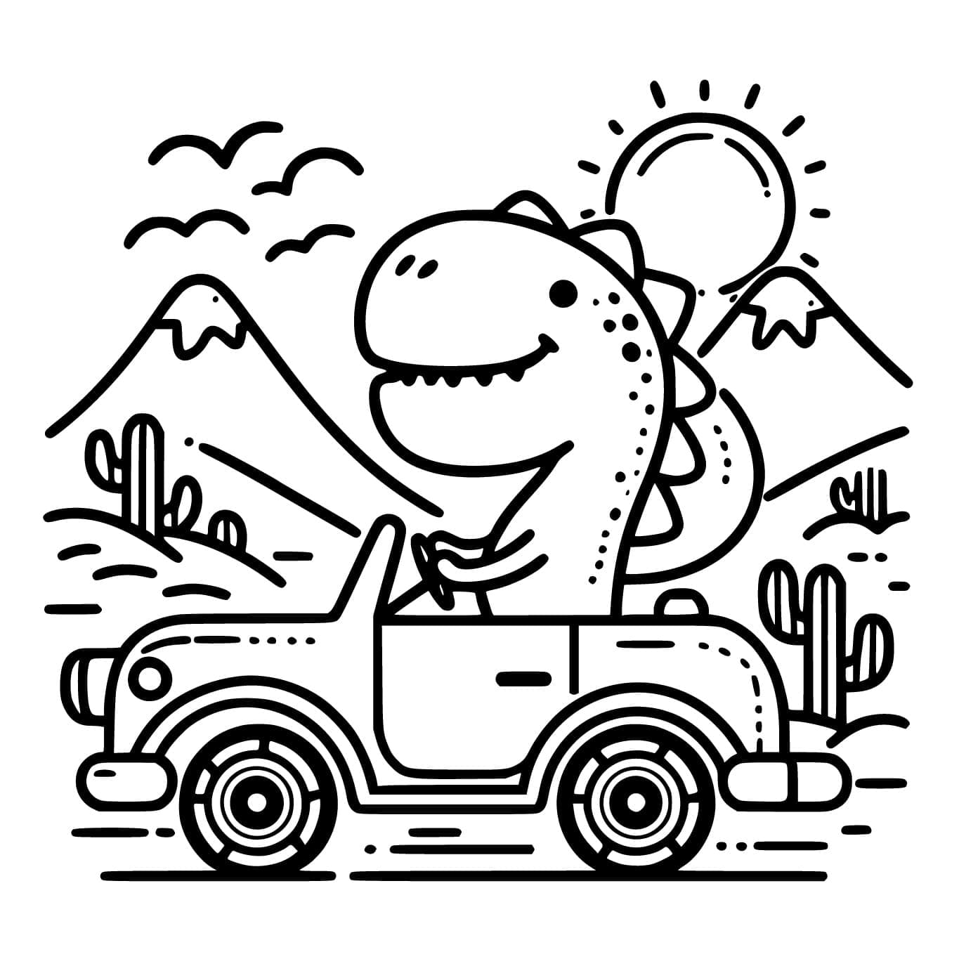 Desenho de Dinossauro Está Dirigindo Carro para Colorir e Pintar