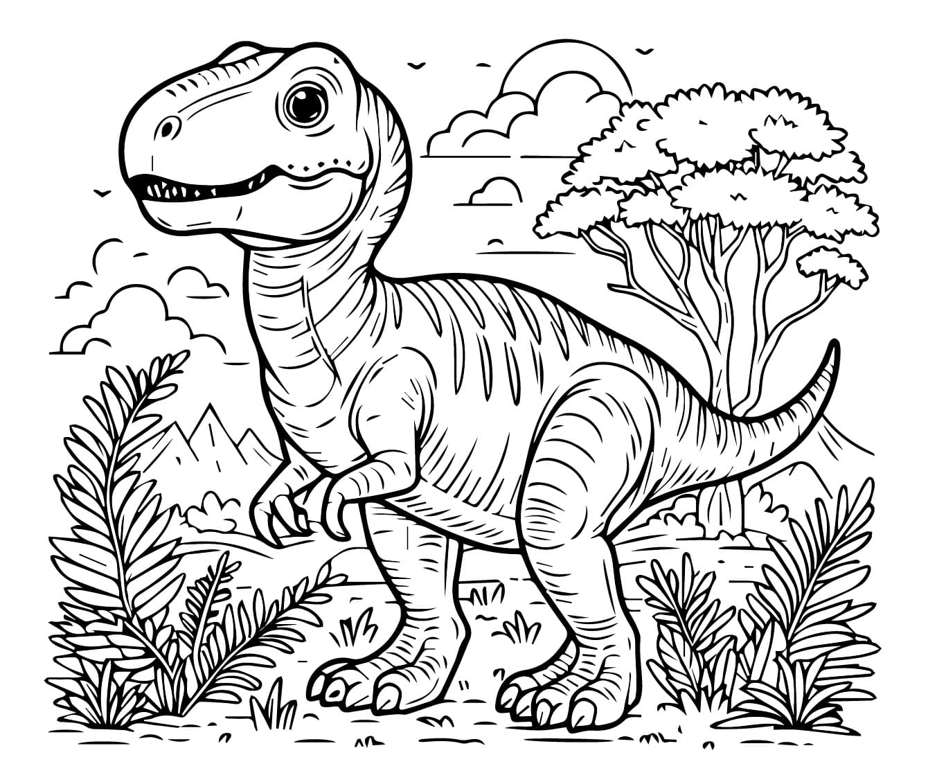 Desenho de Dinossauro na Floresta para Colorir e Pintar