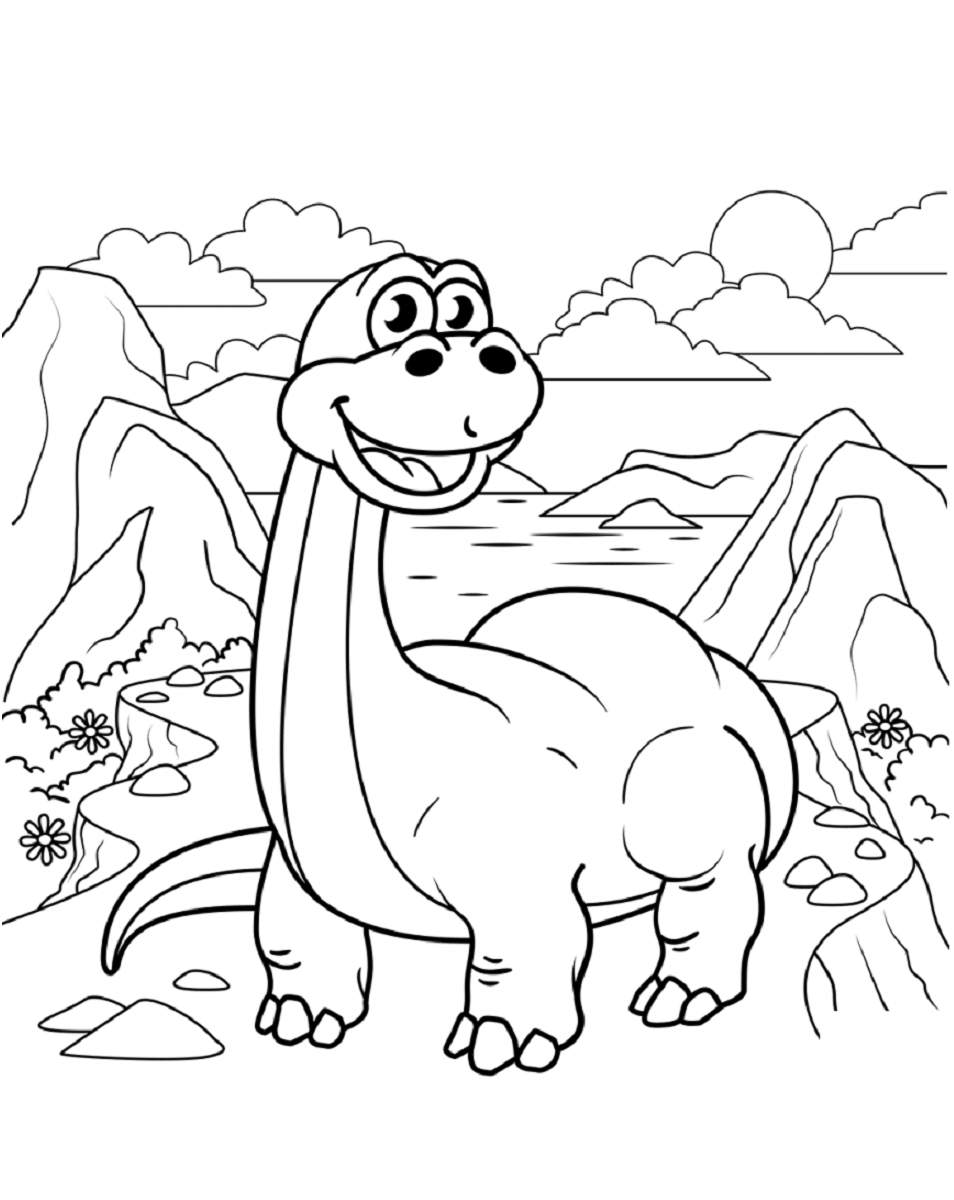 Desenho de Dinossauro Diplodoco Feliz em Cima da Montanha para Colorir e Pintar