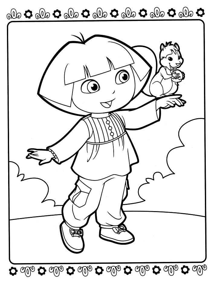 Desenho da Dora Aventureira e Esquilo no Parque para Colorir Grátis e Pintar