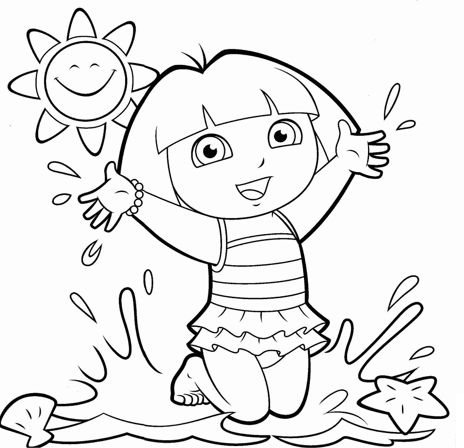 Desenho da Dora Aventureira na Praia para Colorir e Pintar