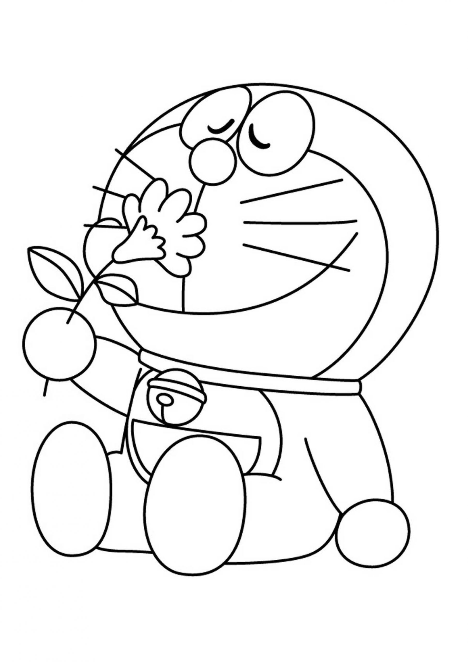 Desenho de Doraemon com Linda Flor para Colorir Pdf e Pintar