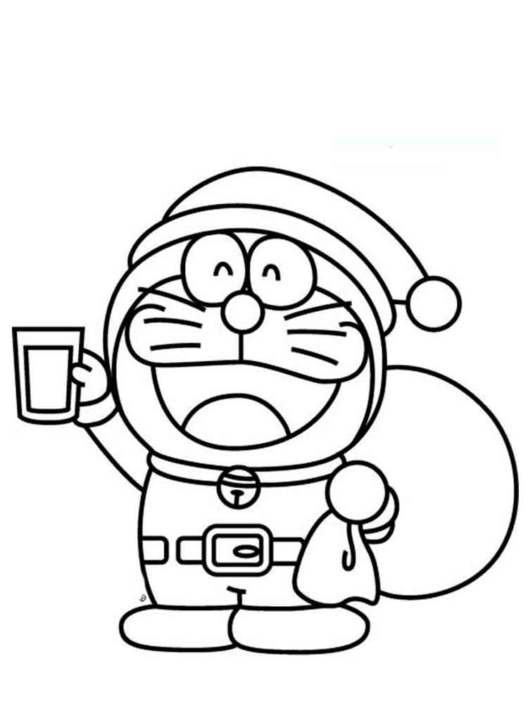 Desenho de Doraemon com Roupa de Papai Noel para Colorir e Pintar