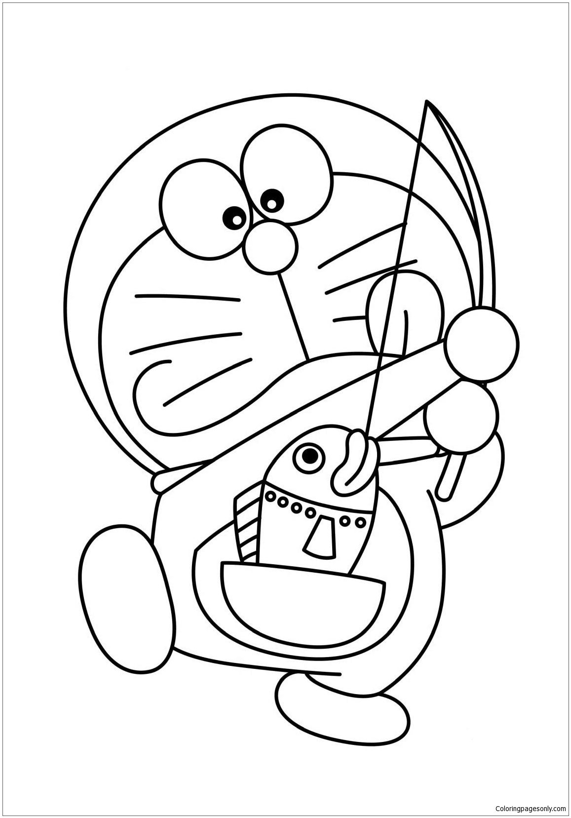 Desenho de Doraemon Pescando no Rio para Colorir e Pintar