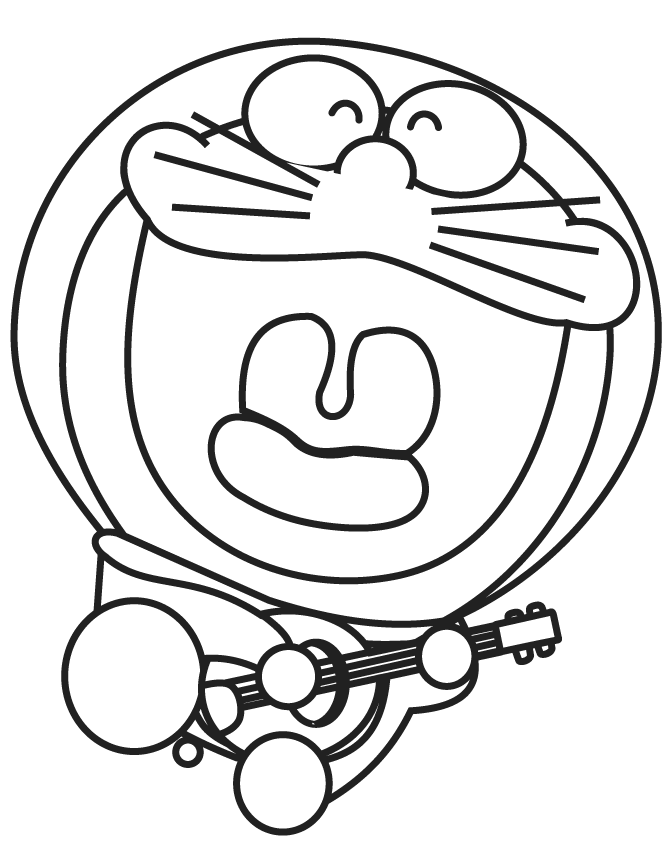 Desenho Fofo de Doraemon Tocando Ukulele para Colorir e Pintar