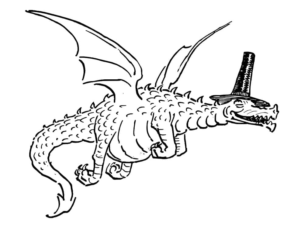 Desenho de Dragão com uma Cartola para Colorir e Pintar