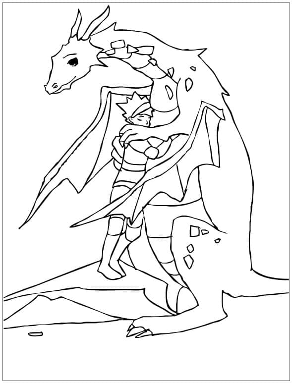 Desenho de Menino Abraçá Dragão para Colorir e Pintar