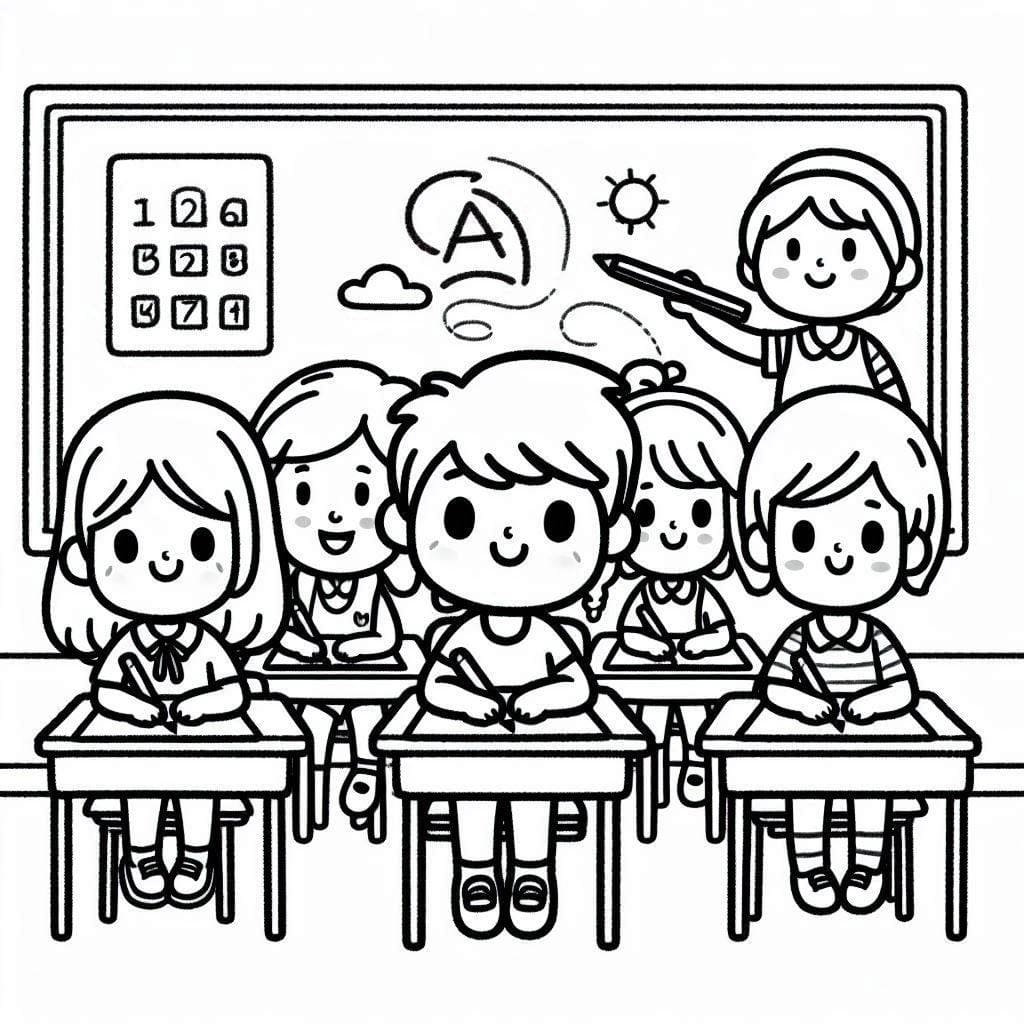 Desenho de Sala de Aula para Crianças de 1 Ano para Colorir e Pintar