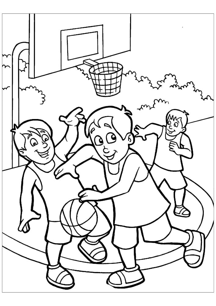 Desenho de Crianças Jogando Basquete para Colorir e Pintar
