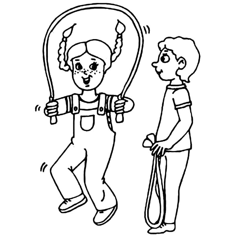 Desenho de Crianças Pulando Corda para Colorir e Pintar