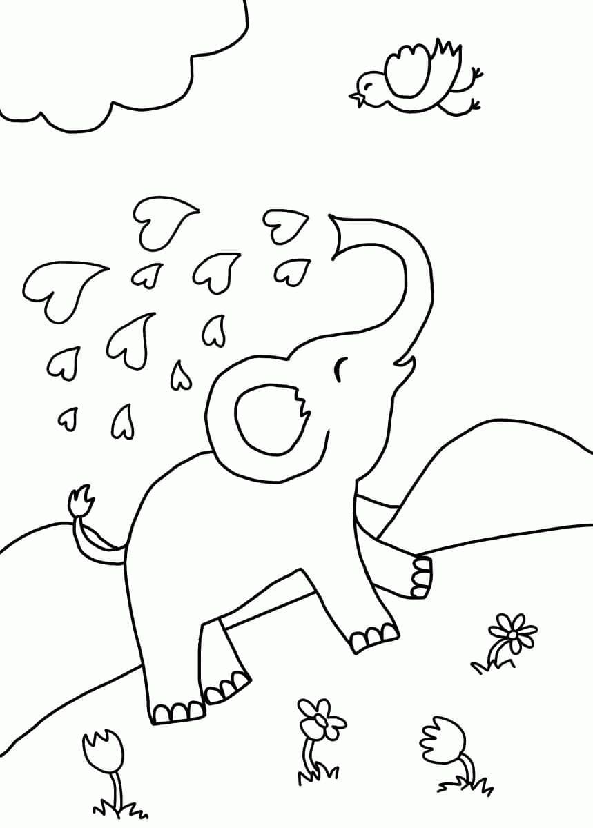 Desenho de Elefante e Pássaro para Colorir e Pintar