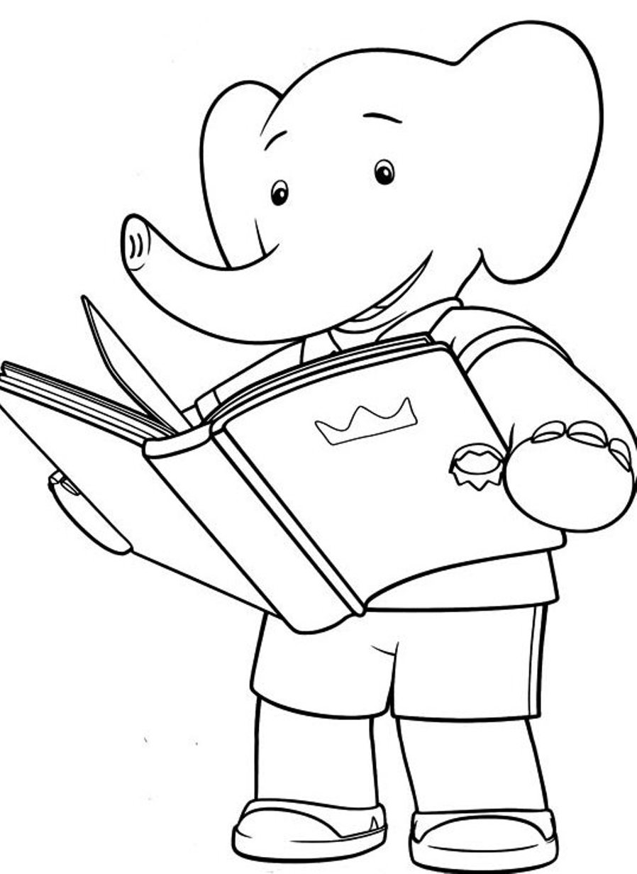 Desenho de Elefante Lendo Livro para Colorir Grátis e Pintar