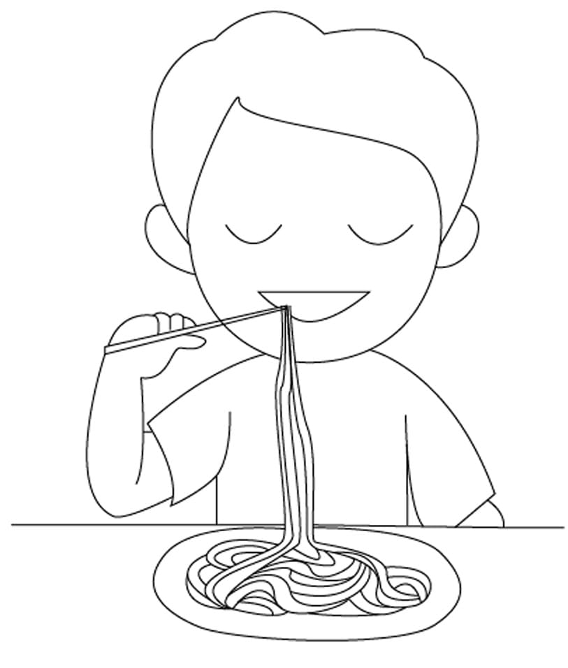 Desenho de Menino Comendo Espaguete para Colorear e Pintar
