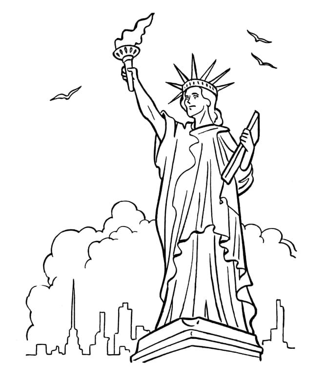Desenho de Estátua da Liberdade na Ilhá para Colorir e Pintar