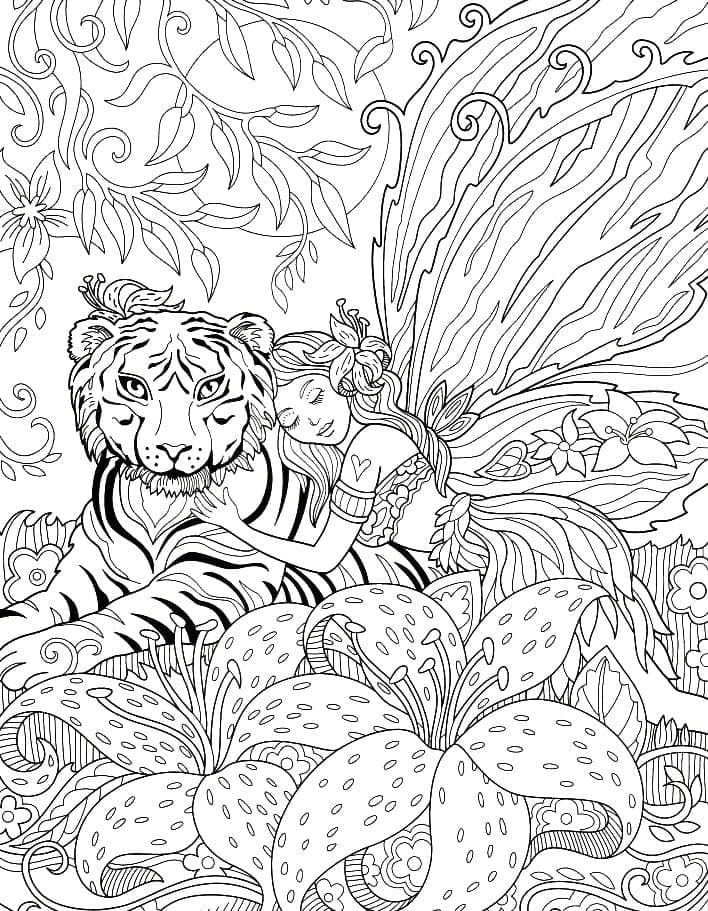 Desenho de Fada e Tigre para Colorir e Pintar