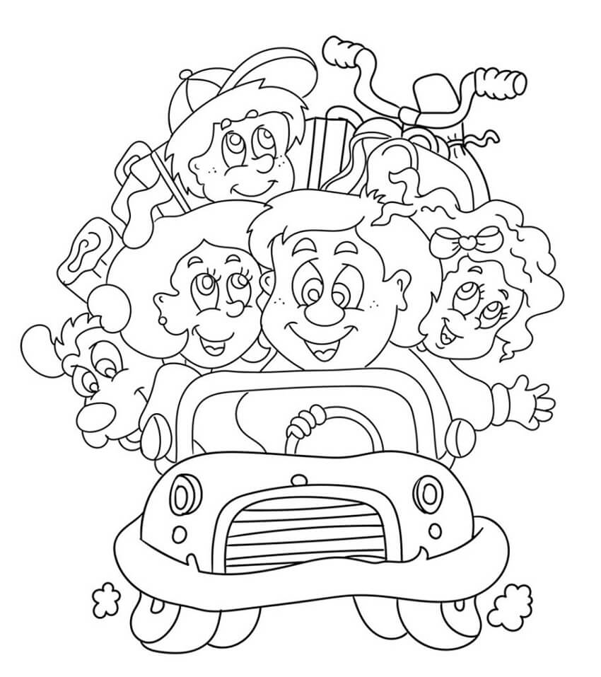 Desenho de Família Amigável Viajando de Férias em um Carro para Colorir