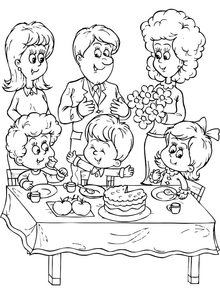 Desenho de Família Comemorando Aniversário de uma Criança para Colorir Grátis