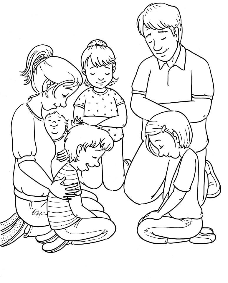 Desenho de Família Orando de Joelhos para Colorir