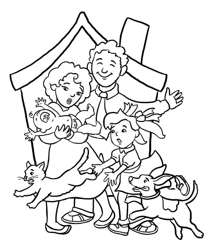Desenho de uma Família em Frente a Casa com Seus Filhos e Pets para Colorir