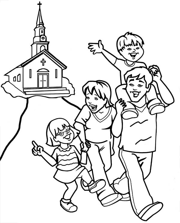 Desenho de uma Linda Família na Igreja para Colorir