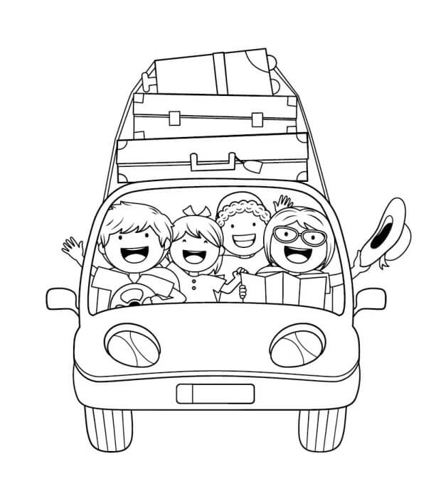 Desenho Pdf de Família Muito Feliz Viajando de Carro para Colorir