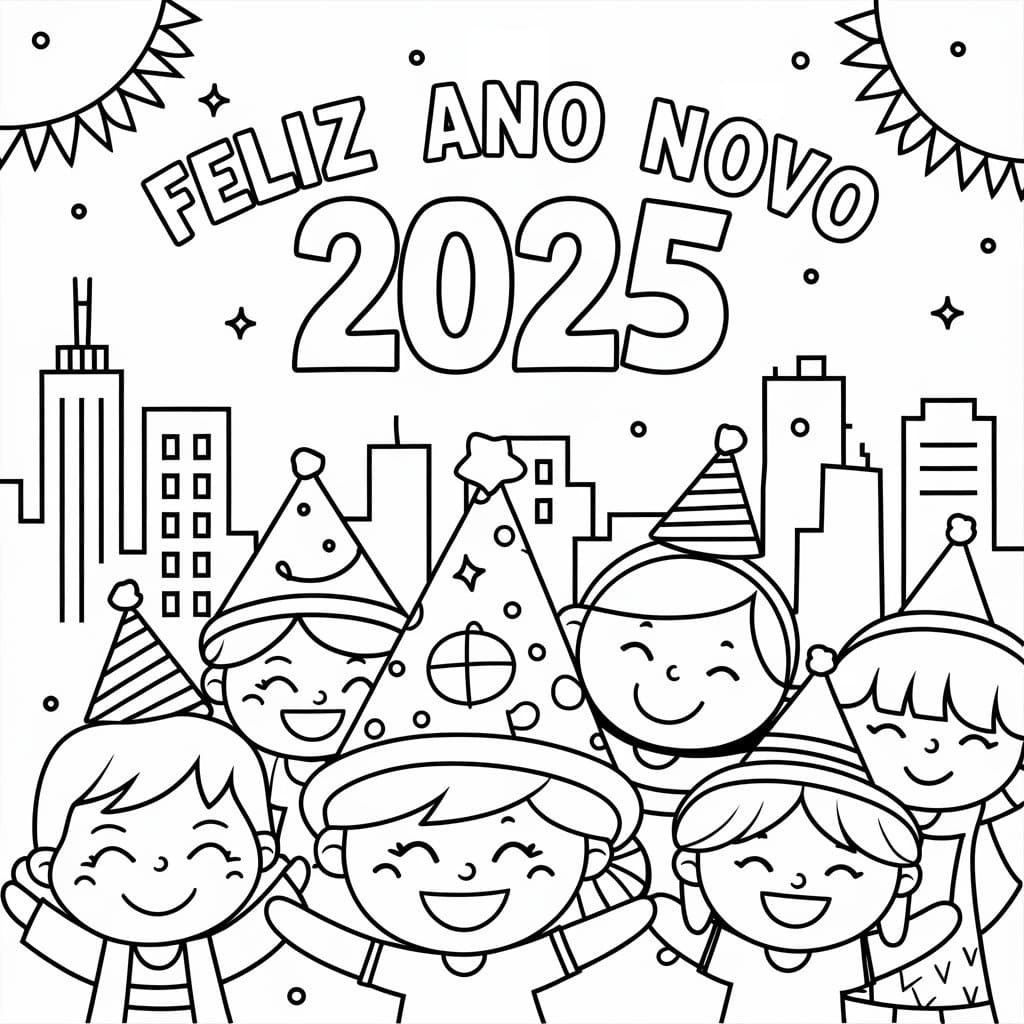 Desenho de Bem Vindo Ano Novo 2025 para Colorir e Pintar