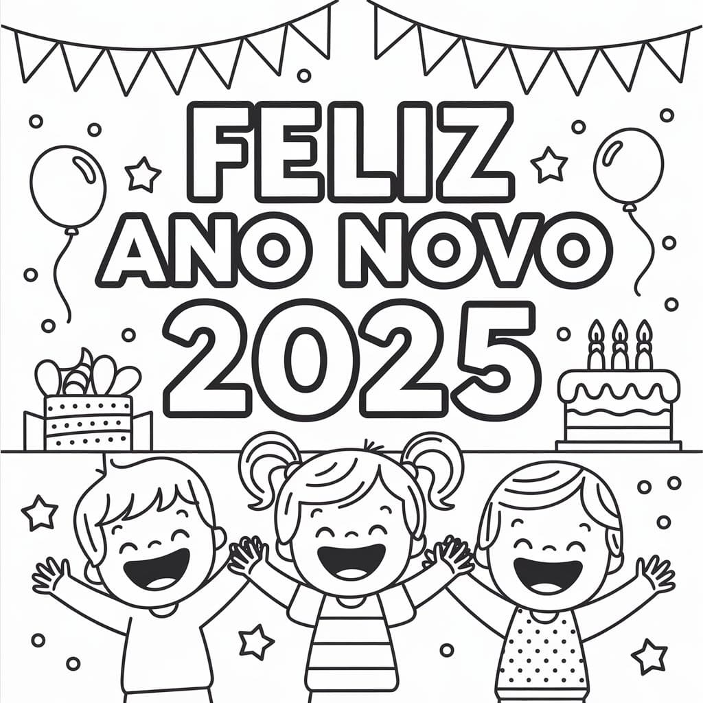 Desenho de Crianças no Ano Novo 2025 para Colorir e Pintar