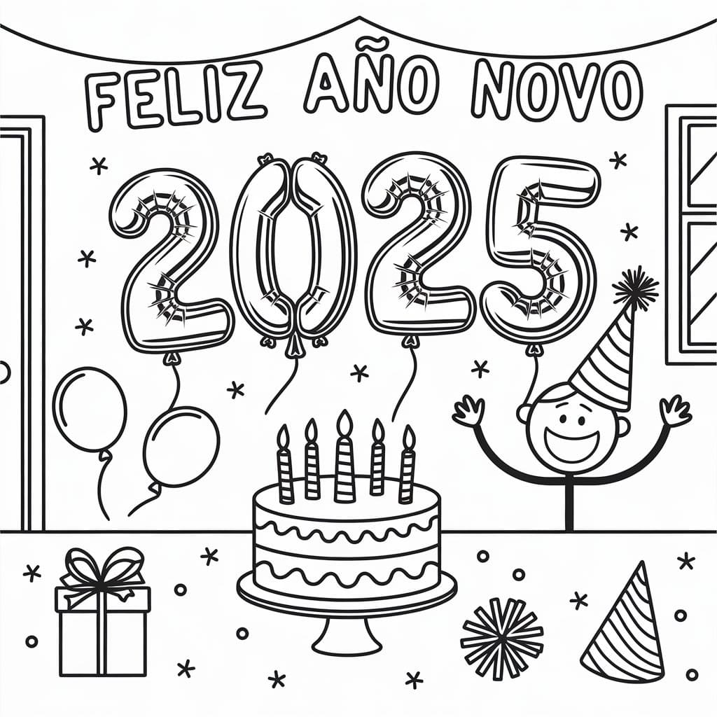 Desenho de Feliz Ano Novo 2025 Grátis para Crianças para Colorir e Pintar