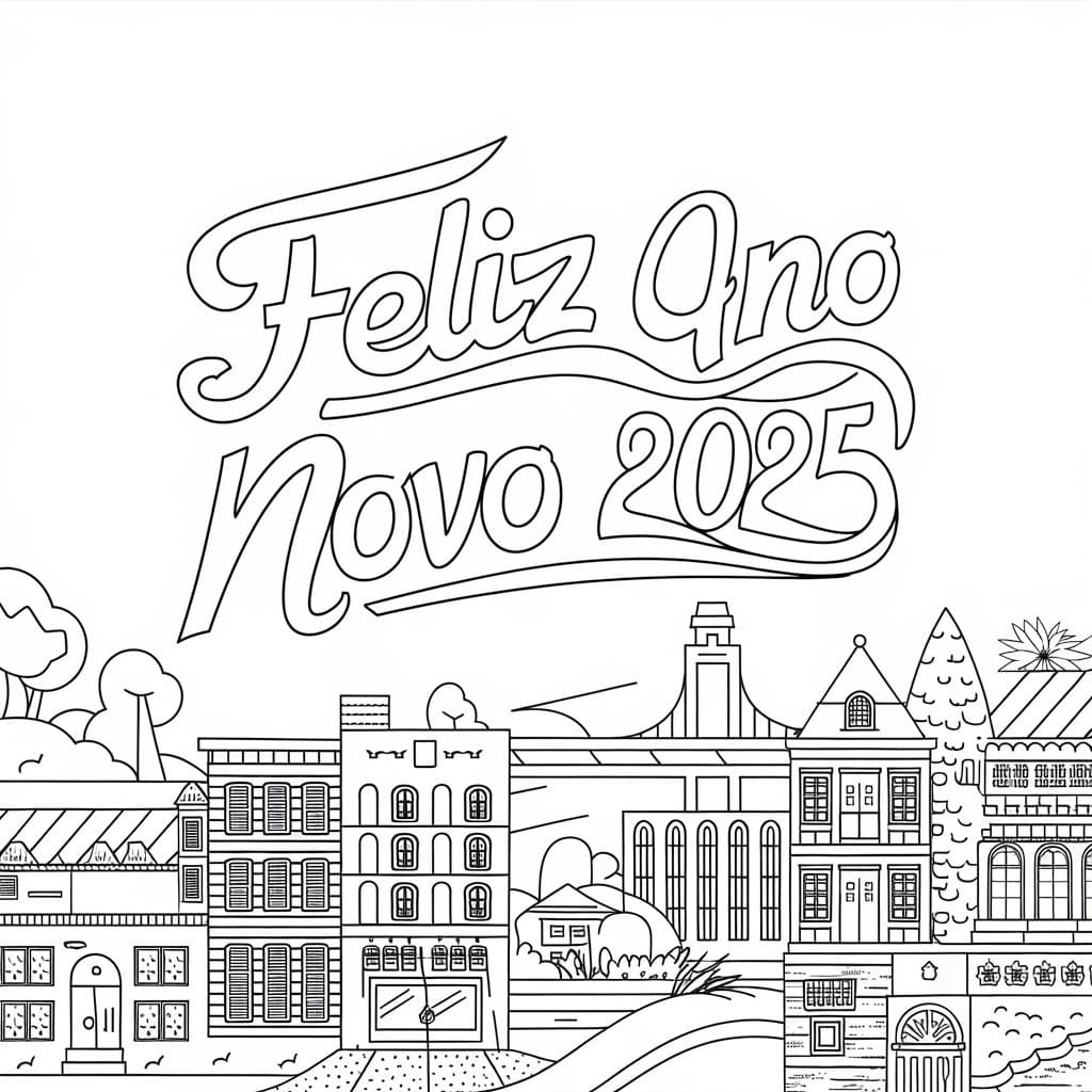 Desenho de Feliz Ano Novo 2025 Grátis para Colorir e Pintar