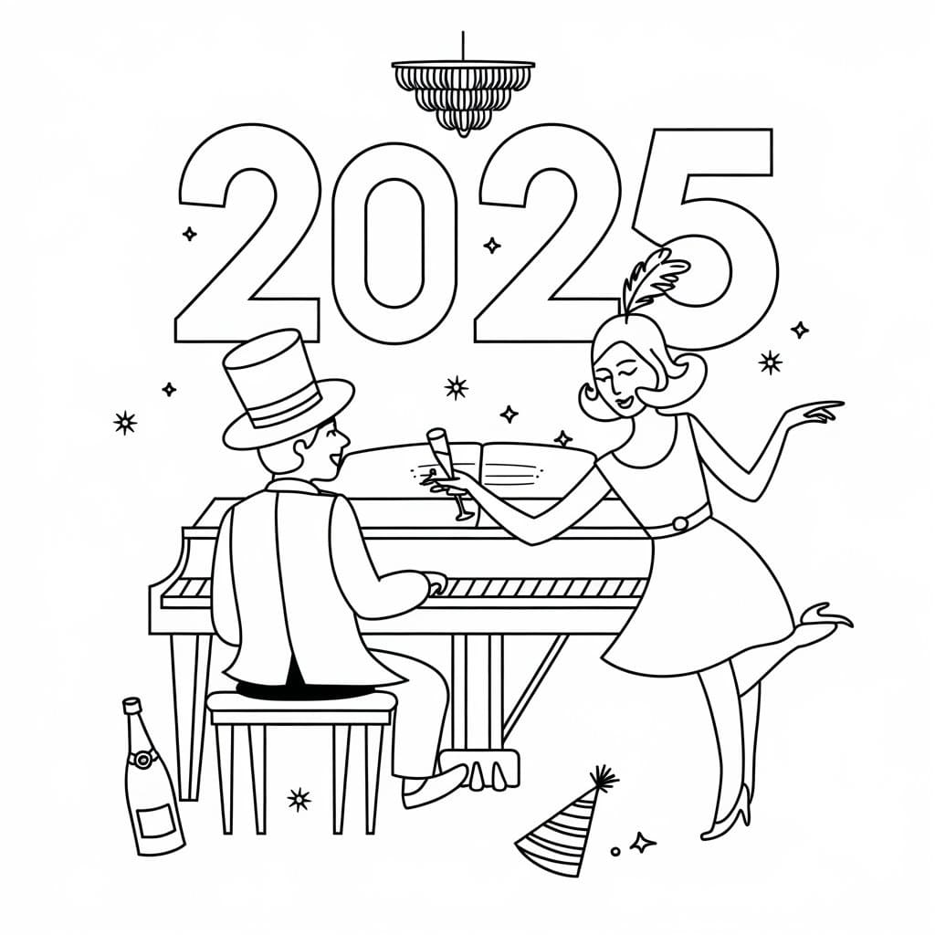 Desenho de Feliz Ano Novo 2025 Imprimivel Grátis para Colorir e Pintar