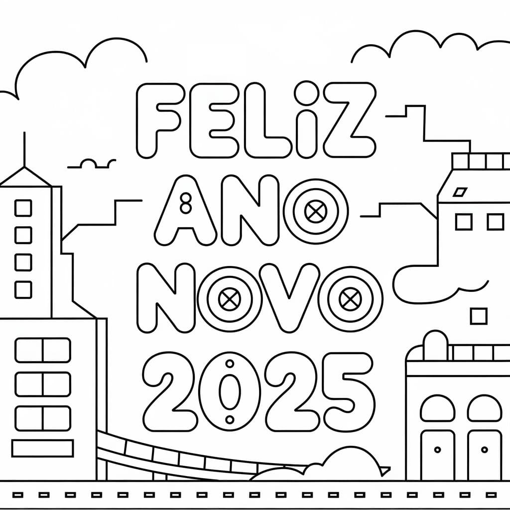 Desenho de Feliz Ano Novo 2025 Imprimivel para Colorir e Pintar