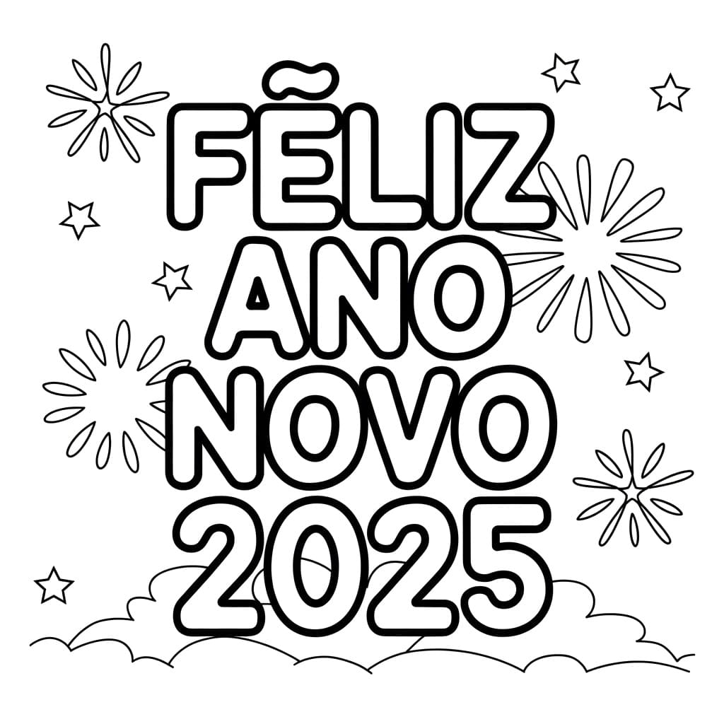 Desenho de Feliz Ano Novo 2025 para Crianças de 3 Ano para Colorir e Pintar