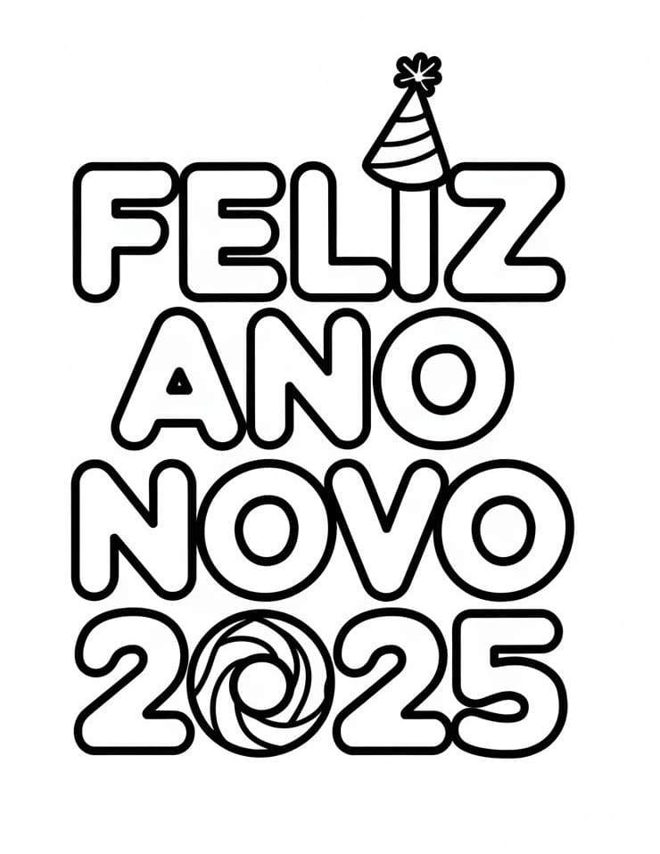 Desenho de Feliz Ano Novo 2025 para Crianças de 4 Ano para Colorir e Pintar