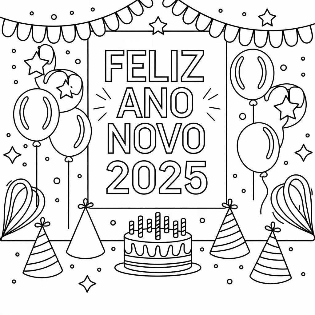 Desenho de Feliz Ano Novo 2025 para Crianças de 6 Ano para Colorir e Pintar