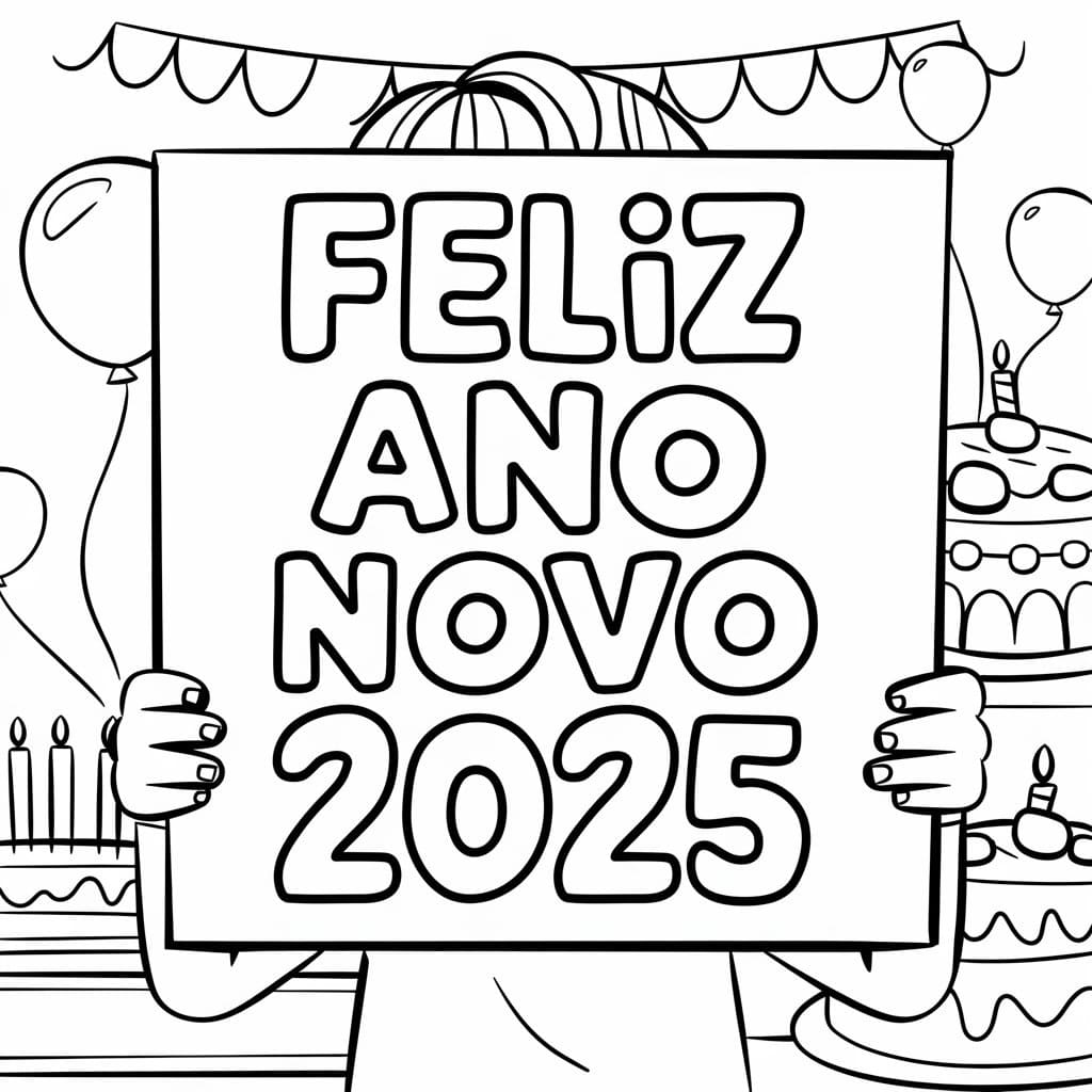 Desenho de Feliz Ano Novo 2025 para Crianças para Colorir e Pintar
