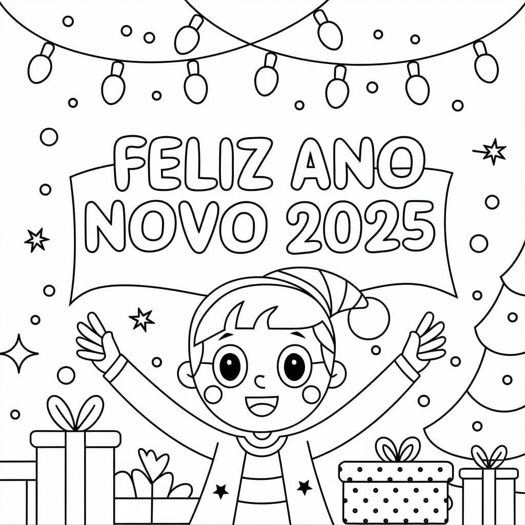 Desenho de Feliz Ano Novo 2025 com Criança para Colorir e Pintar