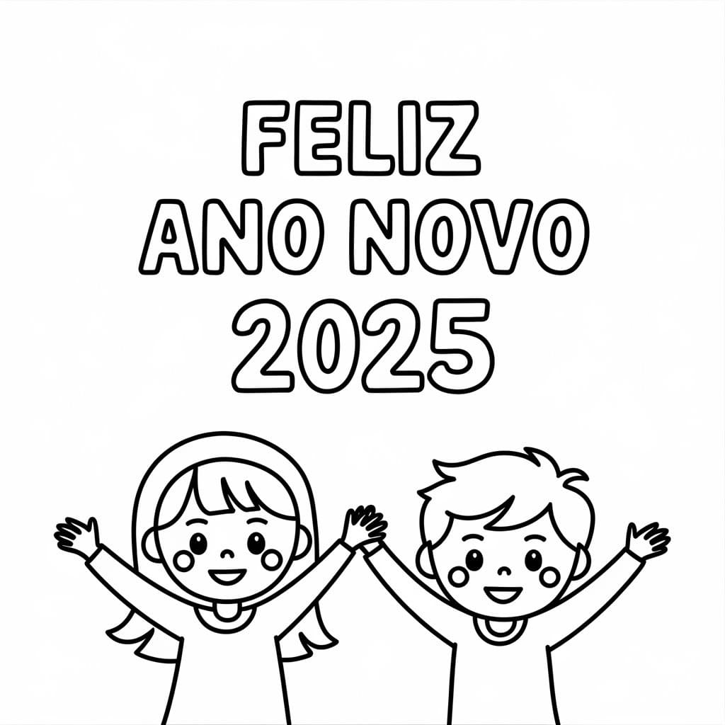 Desenho de Feliz Ano Novo 2025 com Crianças para Colorir e Pintar