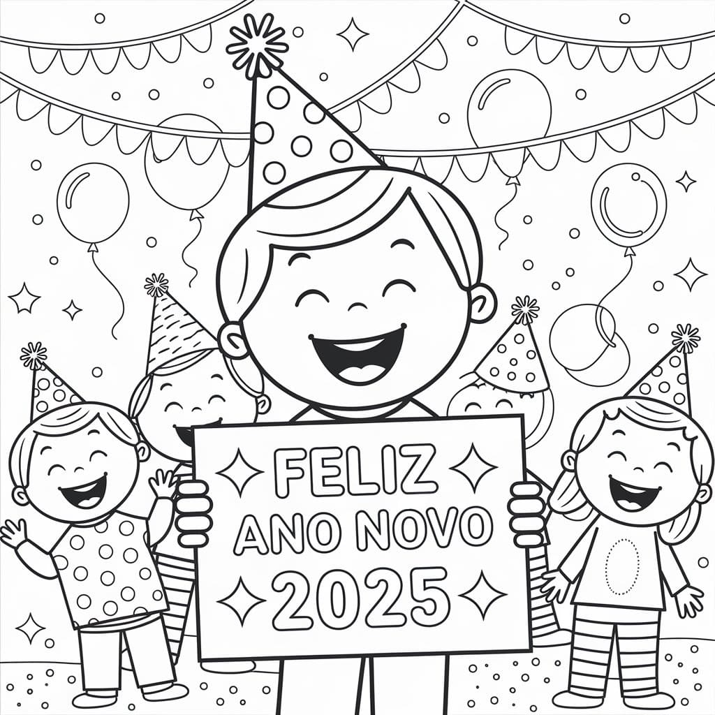 Desenho de Festa de Ano Novo 2025 para Colorir e Pintar