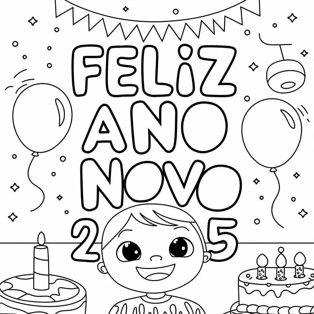 Desenho de Imagem de Feliz Ano Novo 2025 para Colorir e Pintar