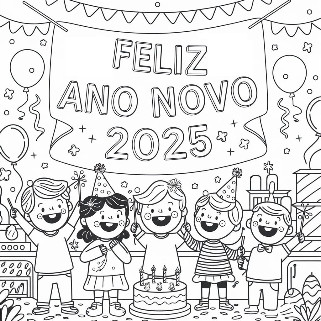 Desenho de Pintura de Feliz Ano Novo 2025 para Colorir e Pintar